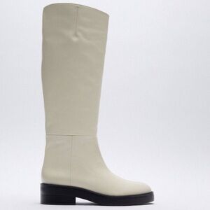 Zara flat leather boot in off-white or cream color.